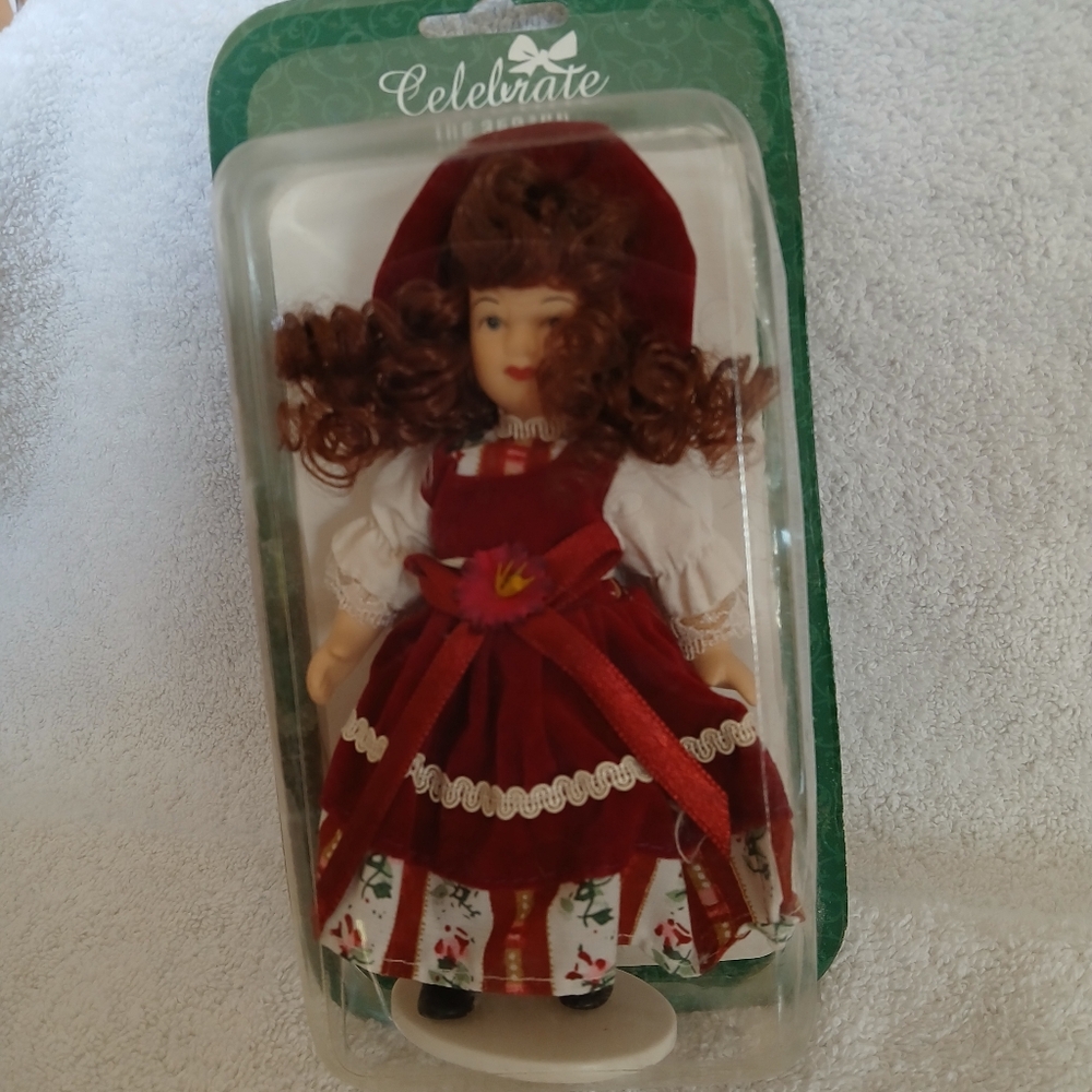 Collectible‎ Porcelain Doll Hand Painted Bisque in Red Dress
